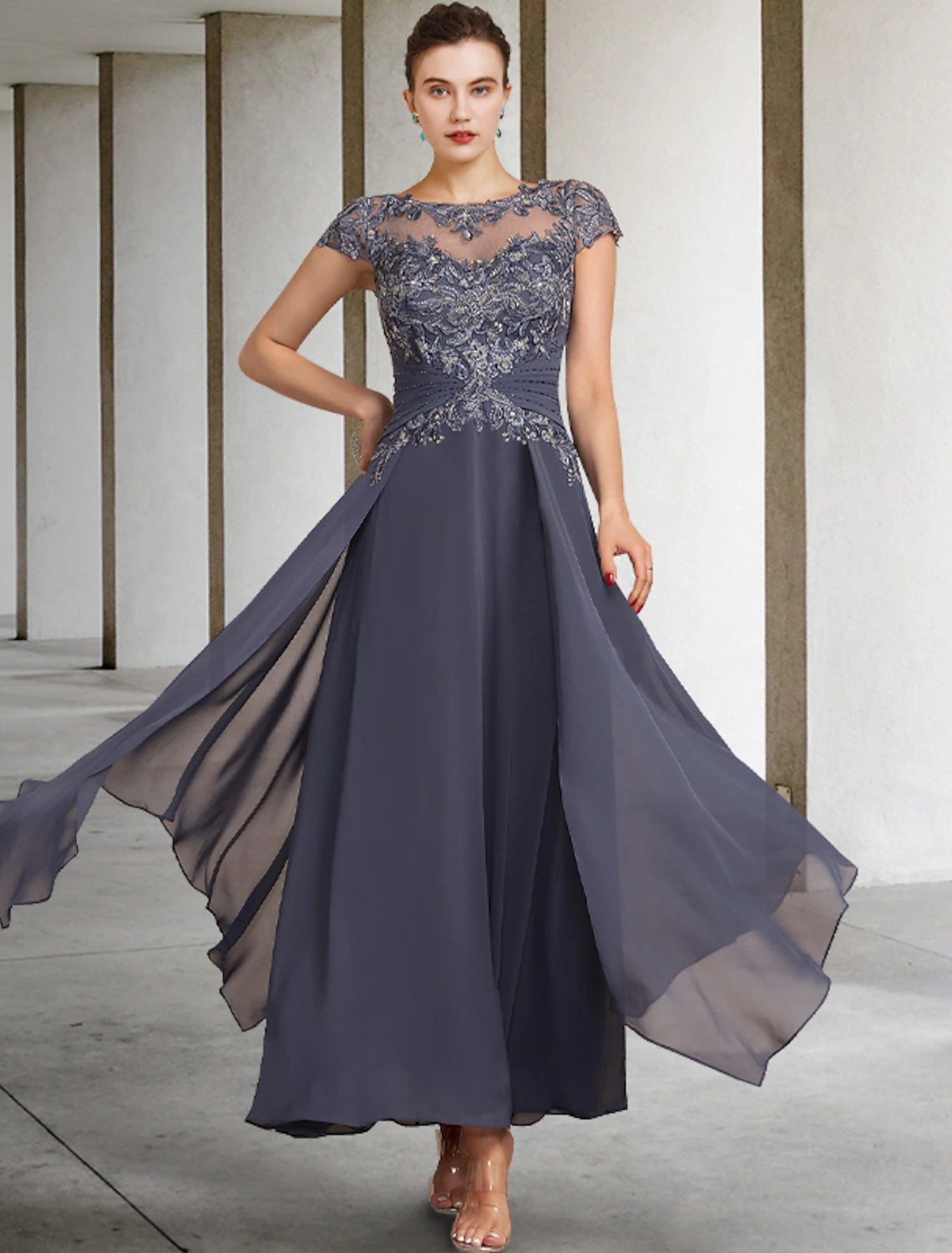 Wholesale  Two Piece A-Line Plus Size Curve Mother of the Bride Dress Wedding Guest Elegant Jewel Neck Ankle Length Chiffon Lace Short Sleeve Fall Wrap Included with Ruched Appliques